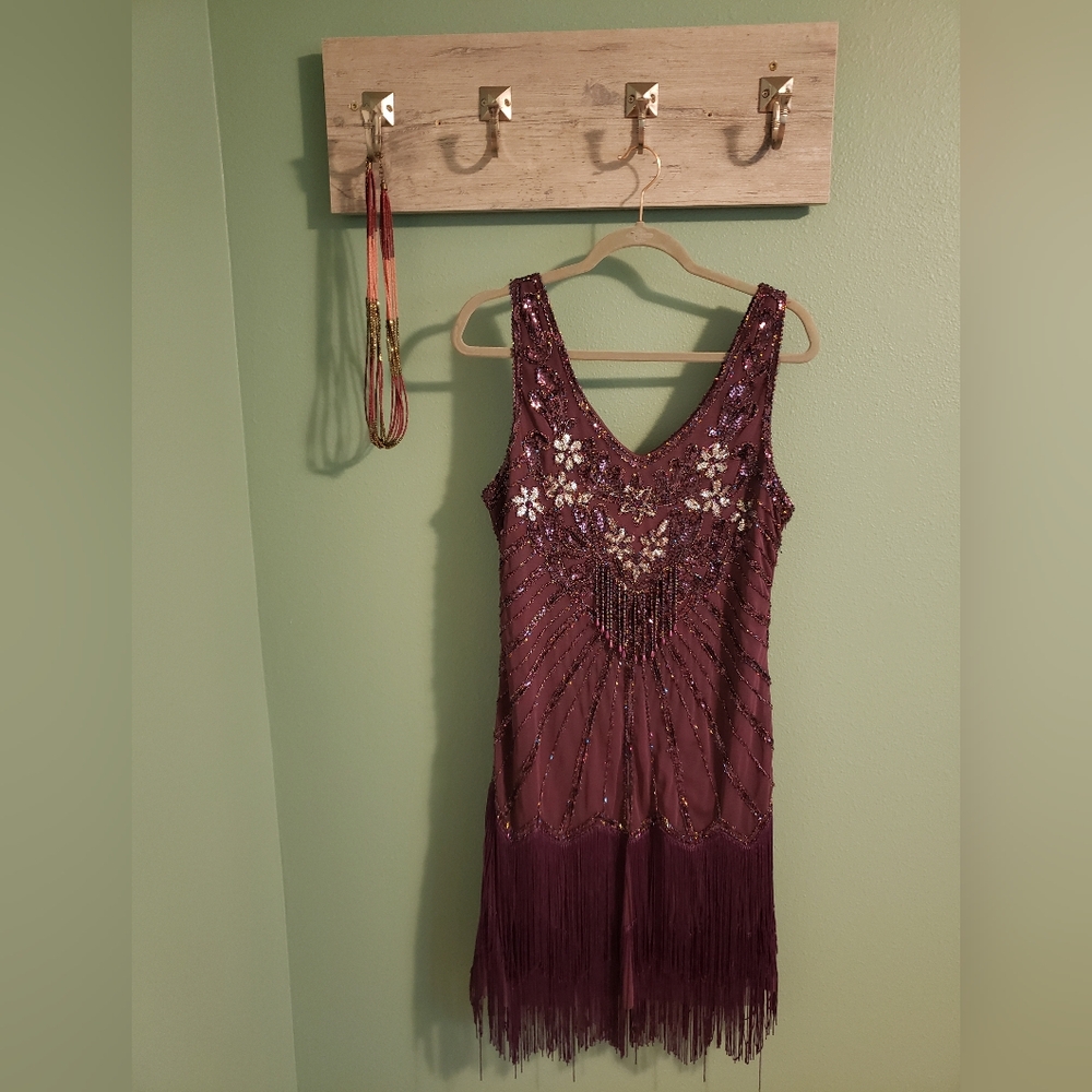 Purple Beaded Fringe 1920s Flapper Dress